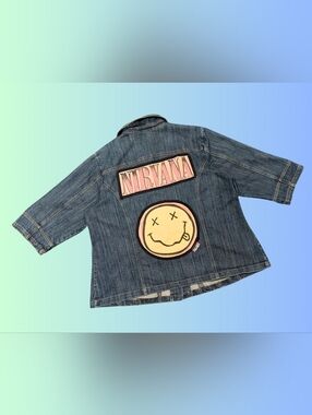 Handmade, Upcycled Nirvana Denim Jacket 3/4 Sleeves Size 2XL